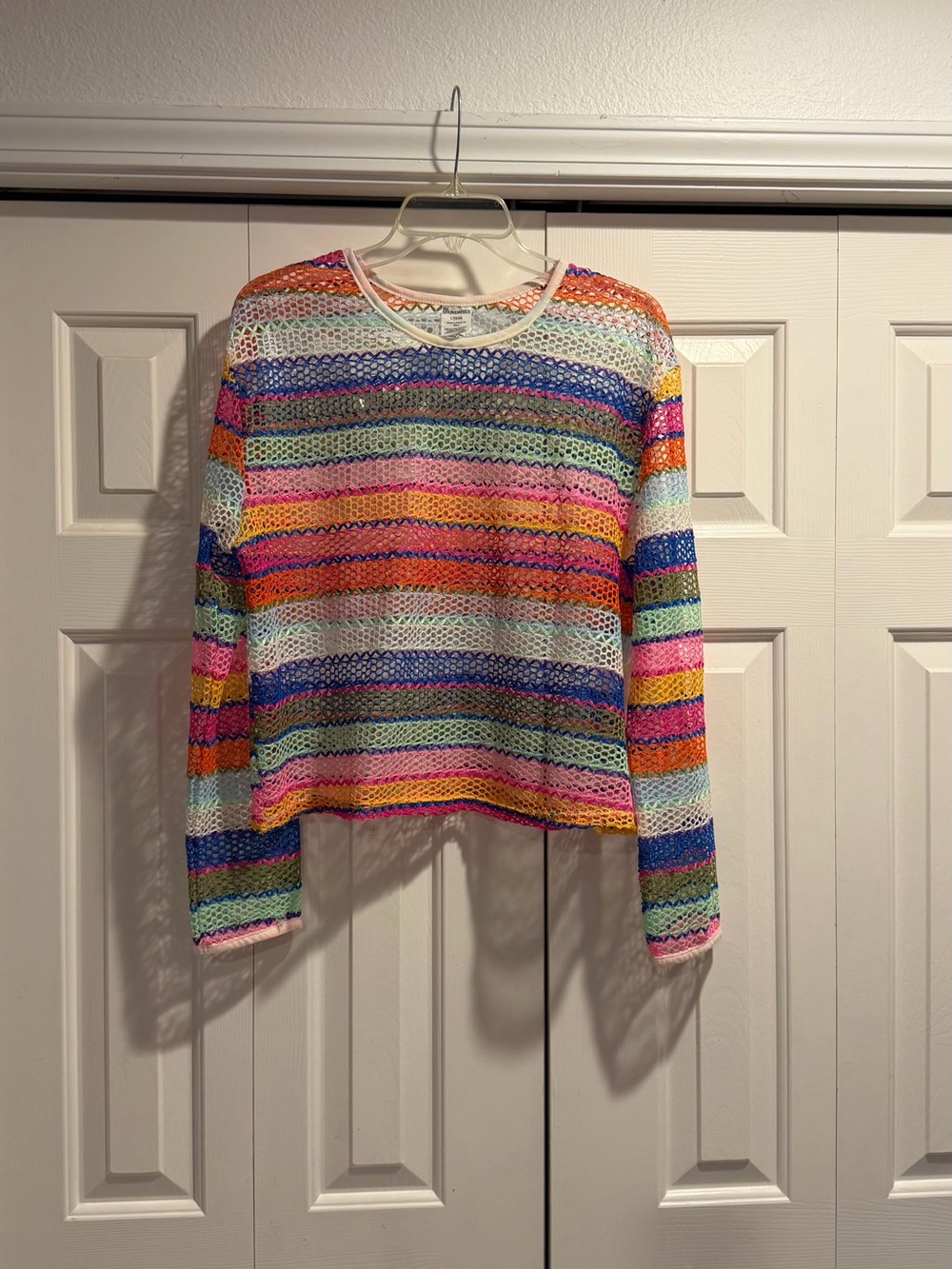 C. No Boundaries Colorful Striped Crochet Open Knit Crewneck Long Sleeve #0121